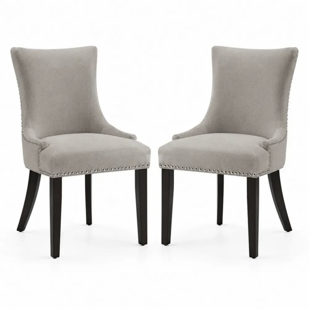 2er Set Esszimmerstühle Polsterstühle mit Nagelkopfbesatz Polyestergewebe Kautschukholzbeine beige schwarz 56 x 62 x 96 cm