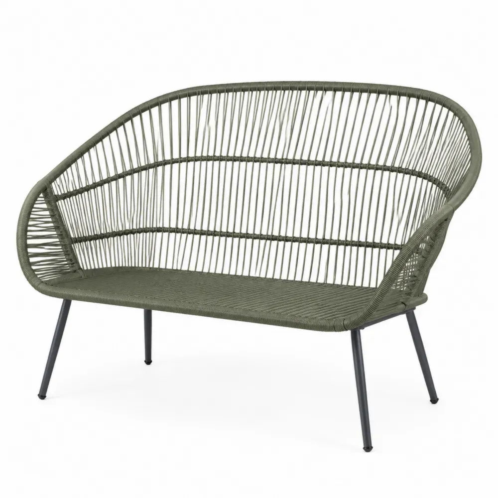 Gartenbank 2-Sitzer mit Armlehnen 130 x 66 x 86 cm Polyethylen-Seilgeflecht Stahlrohr geschwungen Olivgrün Schwarz
