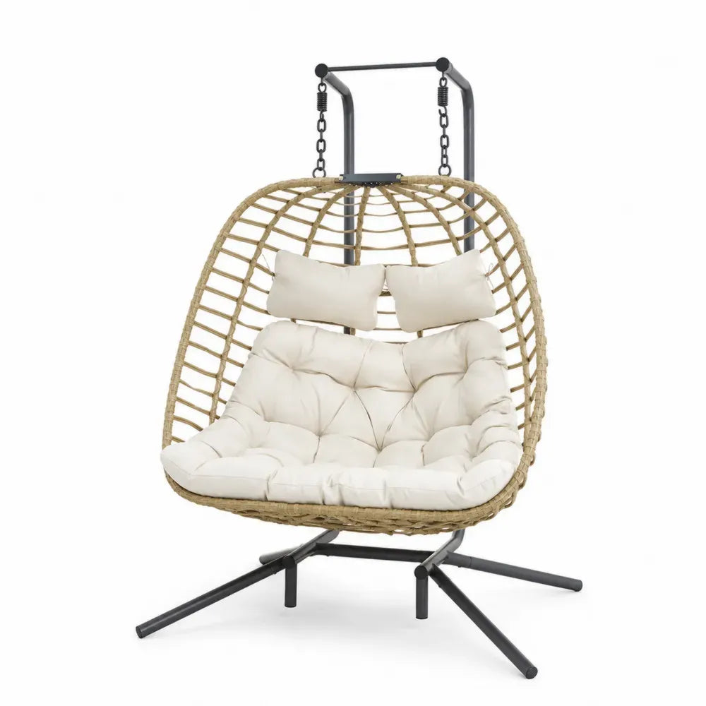 Hängesessel mit Gestell 2-Sitzer oval PE Rattan Polyesterkissen pulverbeschichtetem Stahl Naturbeige Cremeweiß Schwarz 140 x 115 x 195 cm