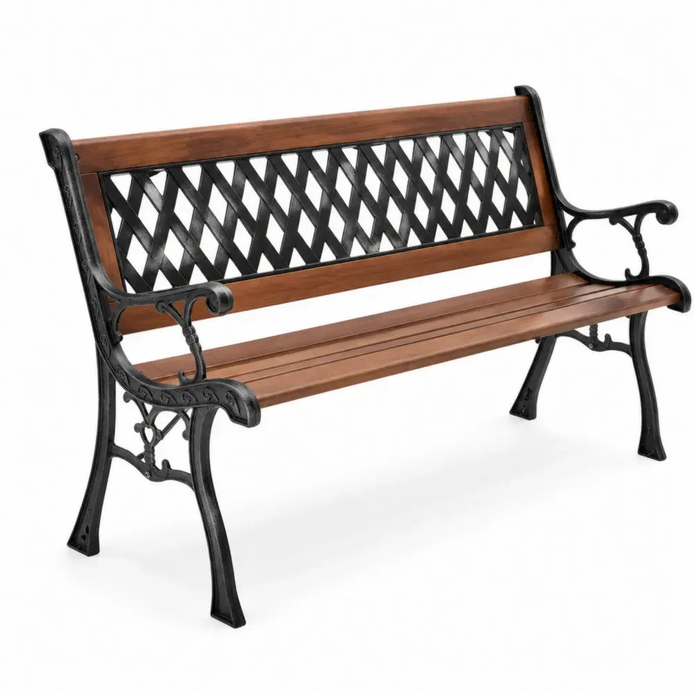 Gartenbank 2-Sitzer mit Armlehnen 125 x 55 x 73 cm Akazienholz Gusseisen rechteckig Braun Schwarz mit Kreuzgitterrücken