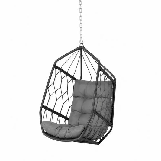 Hängesessel mit Kissen und Aufhängekette aus Polyethylen-Geflecht und Stahl korbförmig Schwarz Grau 82 x 72 x 125 cm