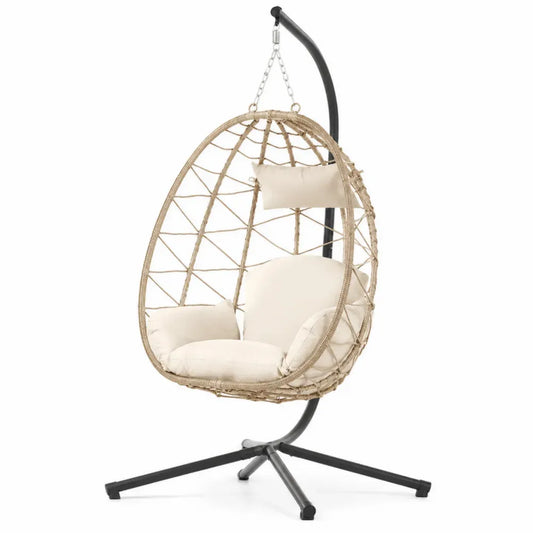 Hängesessel mit Gestell oval PE Rattan Polyesterkissen pulverbeschichtetem Stahl Naturbeige Creme Schwarz 105 x 95 x 198 cm