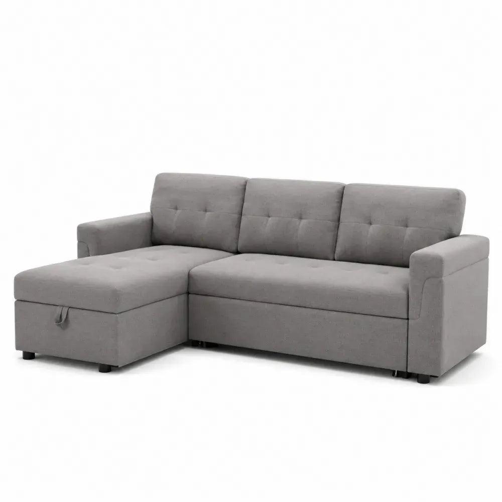Ecksofa mit Schlaffunktion und Stauraum L-Form aus Polyestergewebe Grau Schwarz 212 x 145 x 86 cm Recamiere links