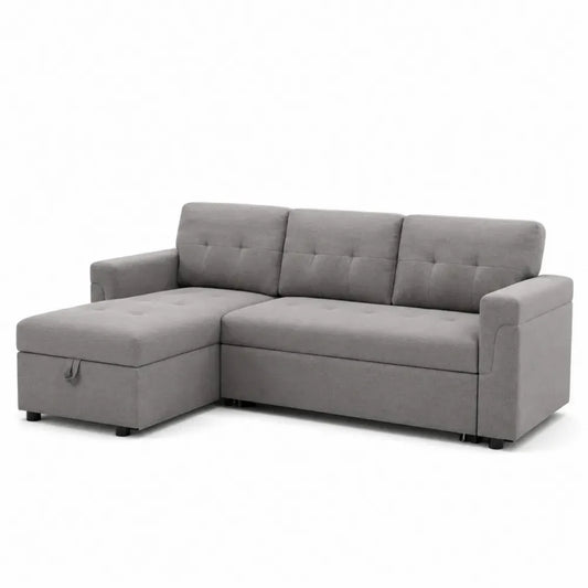 Ecksofa mit Schlaffunktion und Stauraum L-Form aus Polyestergewebe Grau Schwarz 212 x 145 x 86 cm Recamiere links