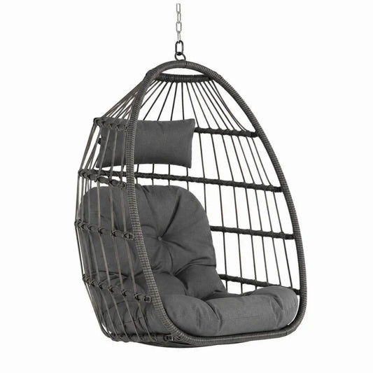 Hängesessel ohne Gestell mit Kissen und Kette aus Polyethylen-Rattan und Stahl eiförmig Anthrazit Dunkelgrau 85 x 70 x 120 cm