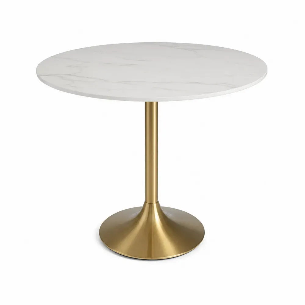 Runder Esstisch Küchentisch mit Säulenfuß aus MDF in Marmoroptik und Stahl Weiß Grau Goldfarben Ø 100 x 75 cm