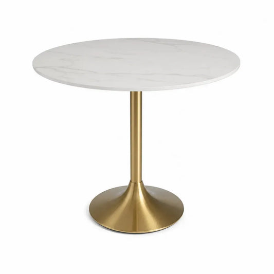 Runder Esstisch Küchentisch mit Säulenfuß aus MDF in Marmoroptik und Stahl Weiß Grau Goldfarben Ø 100 x 75 cm