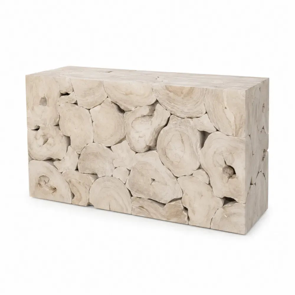 Konsolentisch rechteckige Blockform massives Teakholz Holzscheibenrelief Naturweiß Hellbeige 120 x 35 x 80 cm