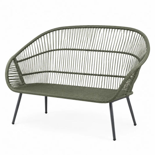 Gartenbank 2-Sitzer mit Armlehnen 130 x 66 x 86 cm Polyethylen-Seilgeflecht Stahlrohr geschwungen Olivgrün Schwarz