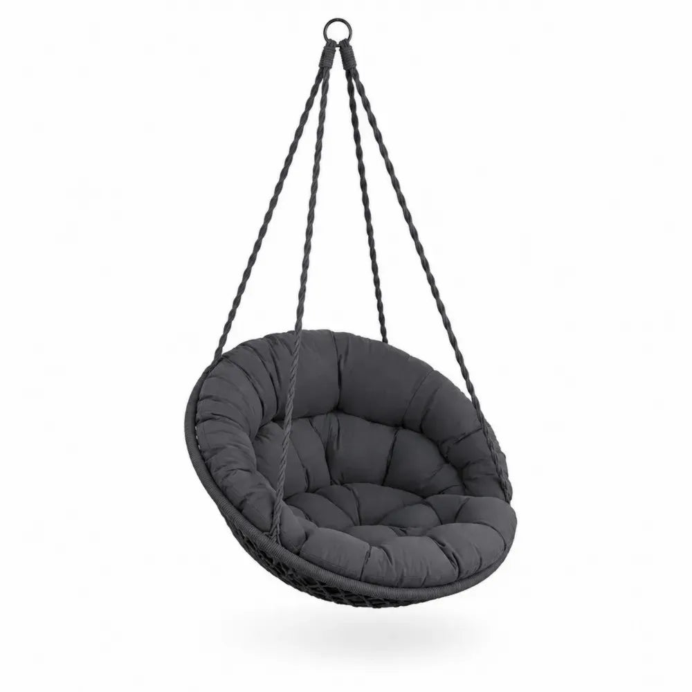 Hängesessel rund mit Kissen aus Polyethylen-Geflecht und Stahl Schwarz Dunkelgrau 100 x 70 x 145 cm