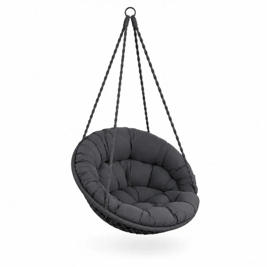 Hängesessel rund mit Kissen aus Polyethylen-Geflecht und Stahl Schwarz Dunkelgrau 100 x 70 x 145 cm