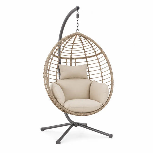 Hängesessel mit Gestell oval PE Rattan Polyesterkissen pulverbeschichtetem Stahl Naturbeige Creme Schwarz 105 x 95 x 198 cm