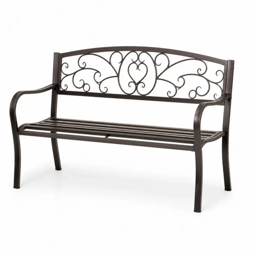 Gartenbank 2-Sitzer mit Armlehnen 127 x 60 x 85 cm pulverbeschichteter Stahl rechteckig Dunkelbraun mit Ornament Rückenlehne