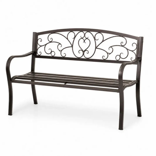 Gartenbank 2-Sitzer mit Armlehnen 127 x 60 x 85 cm pulverbeschichteter Stahl rechteckig Dunkelbraun mit Ornament Rückenlehne